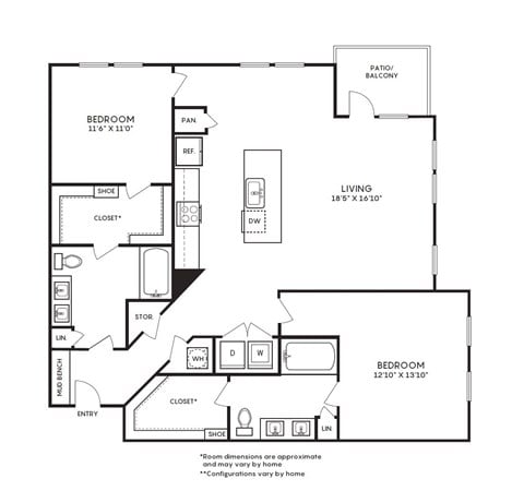 Floor plan for 2 beds, 2 baths, 1340 sqft